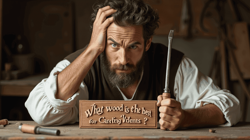 WOODCARVING LESSONS: A bearded man with messy hair holds a chisel and rests his head on his hand, sitting at a workbench. A wooden sign next to him asks, "What wood is best for carving violins?" The only person pictured is Woodcarver Grabovetskiy. - Wood Carving tutorials