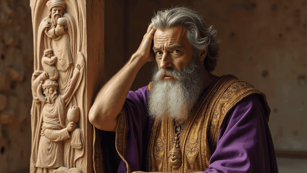 WOODCARVING LESSONS: Woodcarver Grabovetskiy, an older man with a long white beard, is dressed in detailed historical clothing. He stands next to a beautifully carved wooden column showing human figures. He touches his head with a concerned look. - Wood Carving tutorials