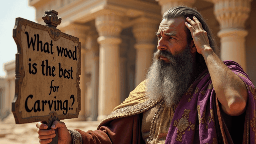 WOODCARVING LESSONS: A man named Woodcarver Grabovetskiy, with a long beard and wearing a robe, holds a sign saying, "What wood is the best for carving?" He stands in front of ancient-style columns. - Wood Carving tutorials