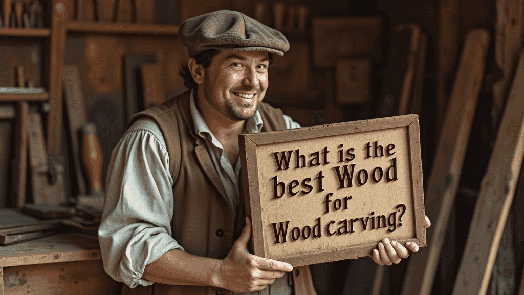 WOODCARVING LESSONS: In a workshop, a man named Woodcarver Grabovetskiy holds a wooden sign that says, "What is the best wood for wood carving?" This context is perfect for lessons, tutorials, or courses on woodcarving. - Wood Carving tutorials