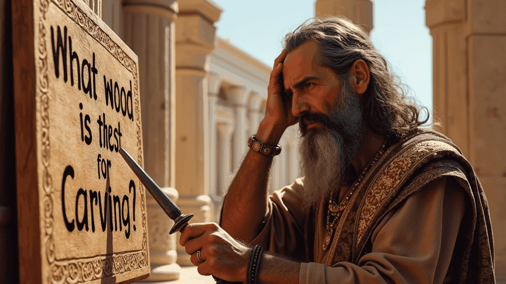 WOODCARVING LESSONS: A long-haired, bearded man named Woodcarver Grabovetskiy looks at a sign saying "What wood is this for carving?" He holds a carving tool and looks confused. He is standing outside near some columns. - Wood Carving tutorials