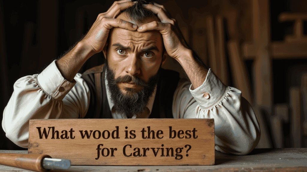 WOODCARVING LESSONS: A thoughtful bearded man sits behind a wooden sign in his woodworking workshop. The sign says, "What wood is the best for carving?" The man is Woodcarver Grabovetskiy. - Wood Carving tutorials