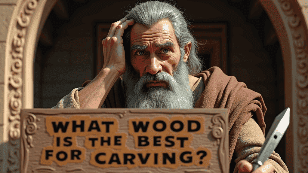 WOODCARVING LESSONS: Woodcarver Grabovetskiy, an elderly man with a gray beard, holds a carving tool and a sign that asks, "What is the best wood for carving? - Wood Carving tutorials