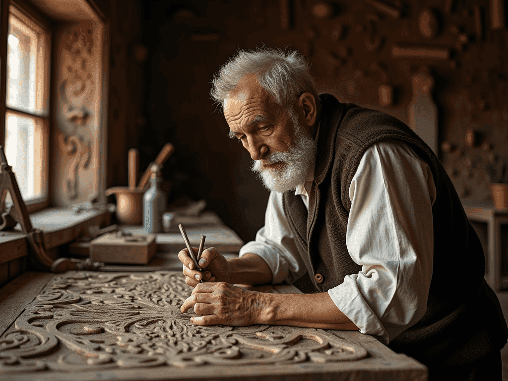 WOODCARVING LESSONS: In a dim workshop, an old man with a white beard carves a detailed wooden design on a big table. This man is Woodcarver Grabovetskiy. - Wood Carving tutorials