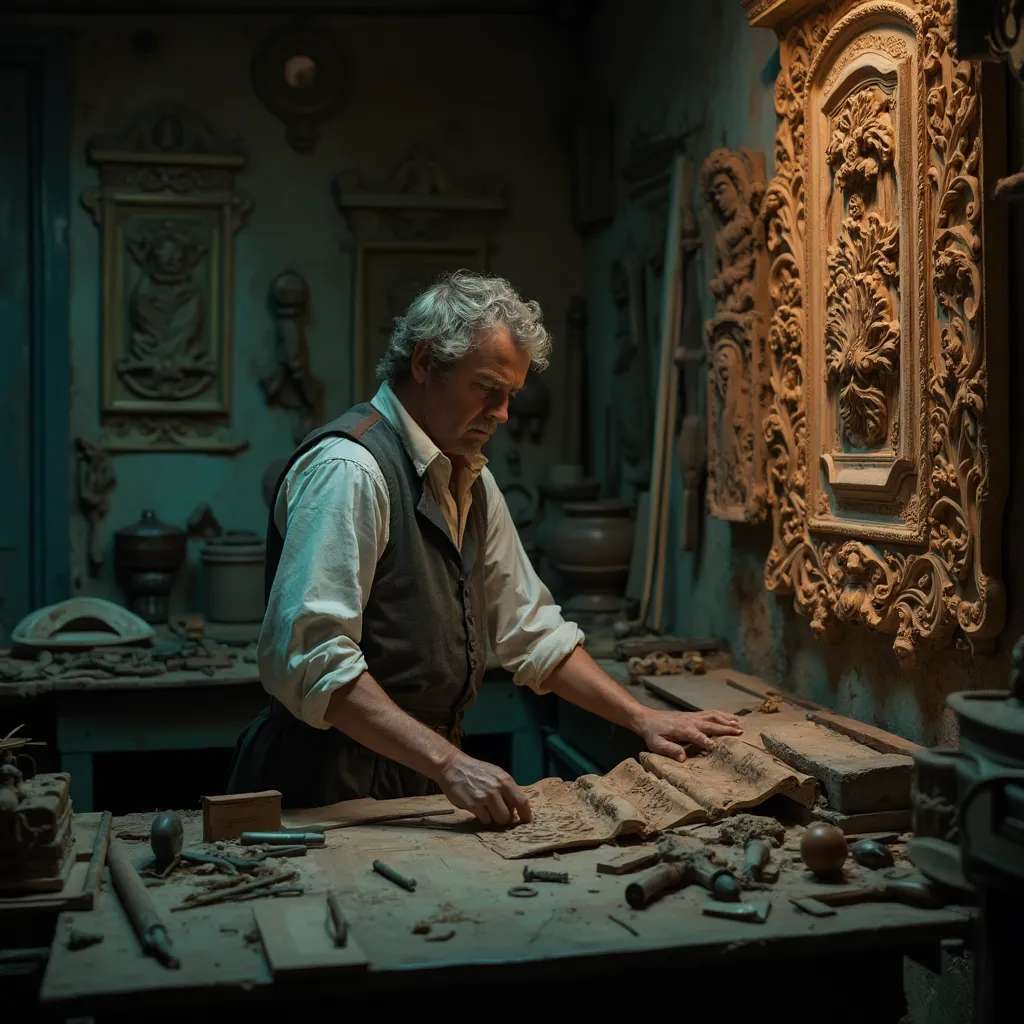 WOODCARVING LESSONS: Woodcarver Grabovetskiy, a man with a beard, holds a sign that says "What wood is the best for carving?" He looks thoughtful. Carving tools are on the table in front of him. - Wood Carving tutorials