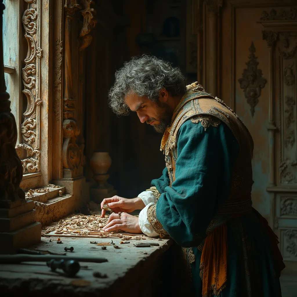 WOODCARVING LESSONS: Woodcarver Grabovetskiy, a man with a beard, holds a sign that says "What wood is the best for carving?" He looks thoughtful. Carving tools are on the table in front of him. - Wood Carving tutorials