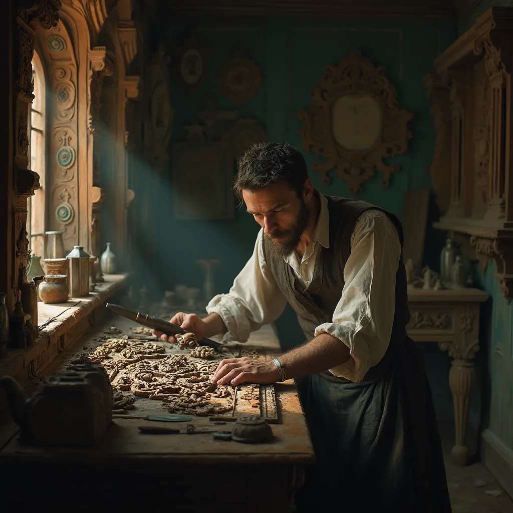 WOODCARVING LESSONS: Woodcarver Grabovetskiy, a man with a beard, holds a sign that says "What wood is the best for carving?" He looks thoughtful. Carving tools are on the table in front of him. - Wood Carving tutorials