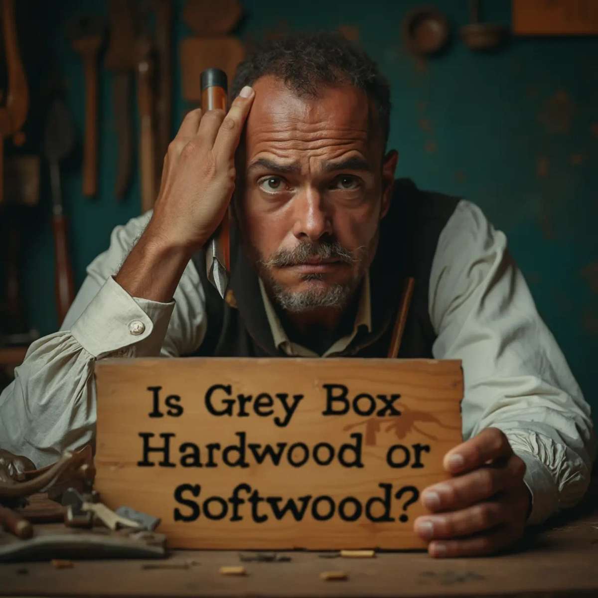 WOODCARVING LESSONS: Woodcarver Grabovetskiy, a man with a beard, holds a sign that says "What wood is the best for carving?" He looks thoughtful. Carving tools are on the table in front of him. - Wood Carving tutorials