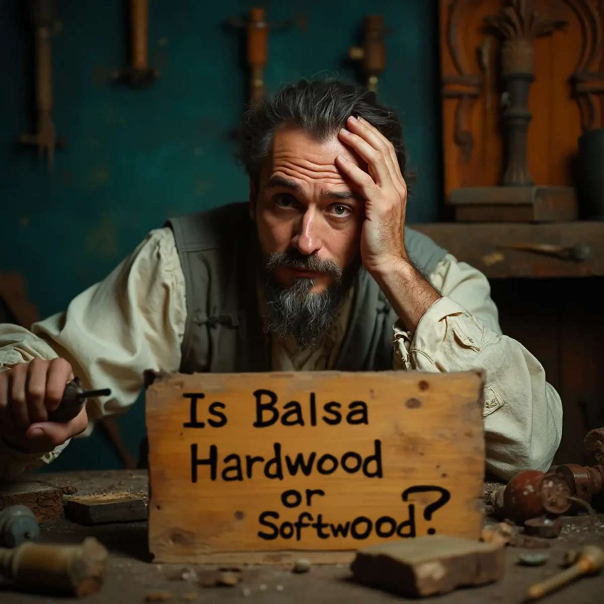 WOODCARVING LESSONS: Woodcarver Grabovetskiy, a man with a beard, holds a sign that says "What wood is the best for carving?" He looks thoughtful. Carving tools are on the table in front of him. - Wood Carving tutorials