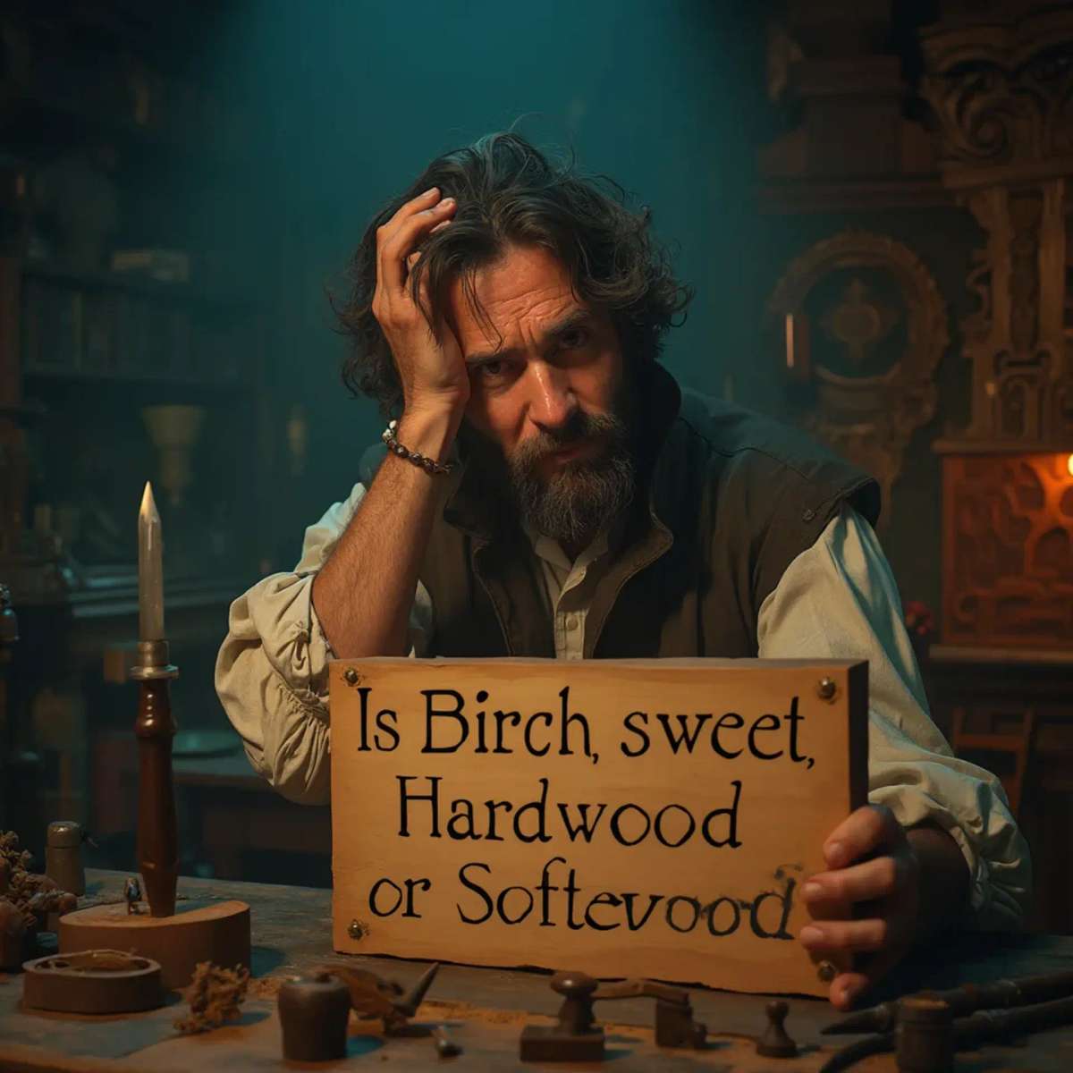 WOODCARVING LESSONS: Woodcarver Grabovetskiy, a man with a beard, holds a sign that says "What wood is the best for carving?" He looks thoughtful. Carving tools are on the table in front of him. - Wood Carving tutorials