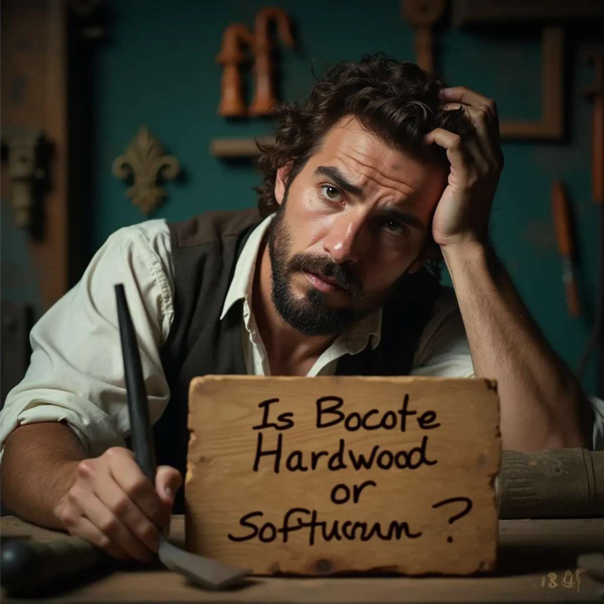 WOODCARVING LESSONS: Woodcarver Grabovetskiy, a man with a beard, holds a sign that says "What wood is the best for carving?" He looks thoughtful. Carving tools are on the table in front of him. - Wood Carving tutorials