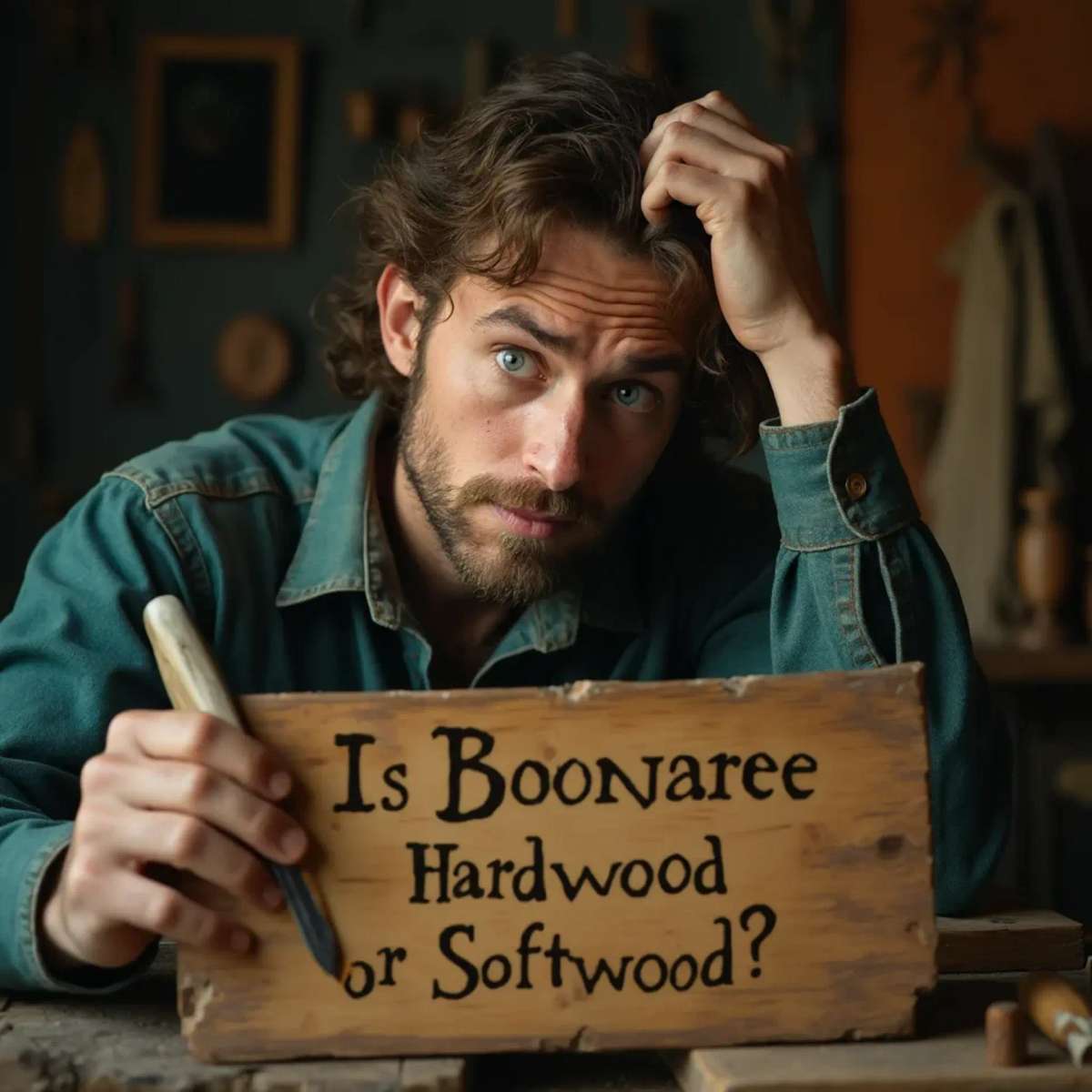 WOODCARVING LESSONS: Woodcarver Grabovetskiy, a man with a beard, holds a sign that says "What wood is the best for carving?" He looks thoughtful. Carving tools are on the table in front of him. - Wood Carving tutorials
