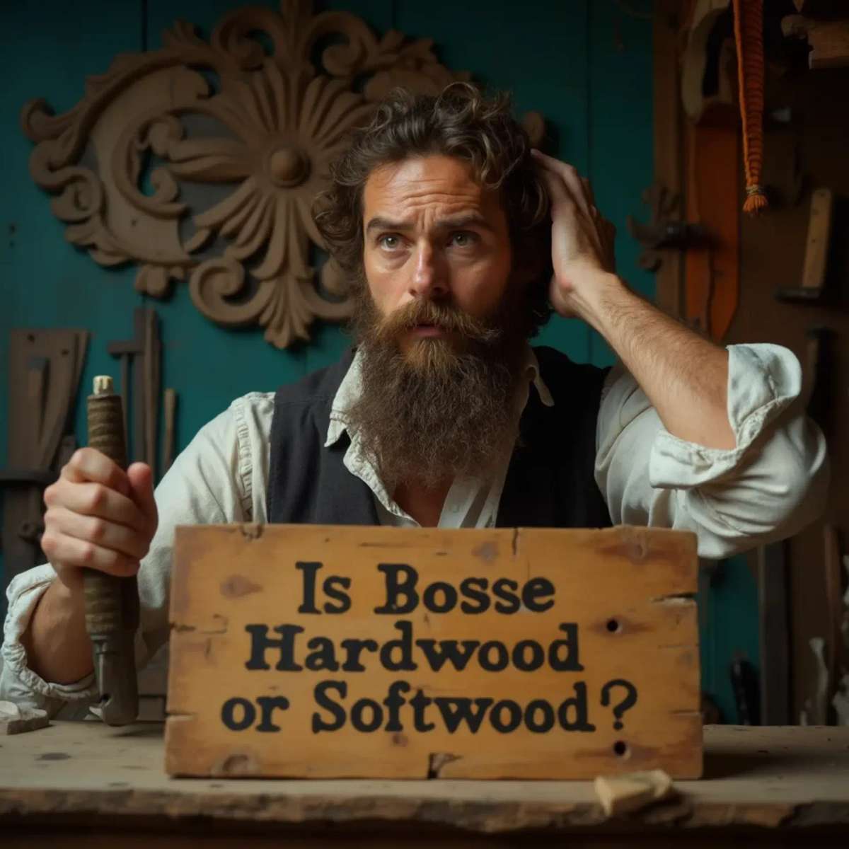 WOODCARVING LESSONS: Woodcarver Grabovetskiy, a man with a beard, holds a sign that says "What wood is the best for carving?" He looks thoughtful. Carving tools are on the table in front of him. - Wood Carving tutorials