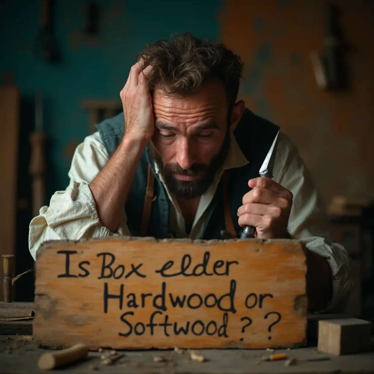 WOODCARVING LESSONS: Woodcarver Grabovetskiy, a man with a beard, holds a sign that says "What wood is the best for carving?" He looks thoughtful. Carving tools are on the table in front of him. - Wood Carving tutorials
