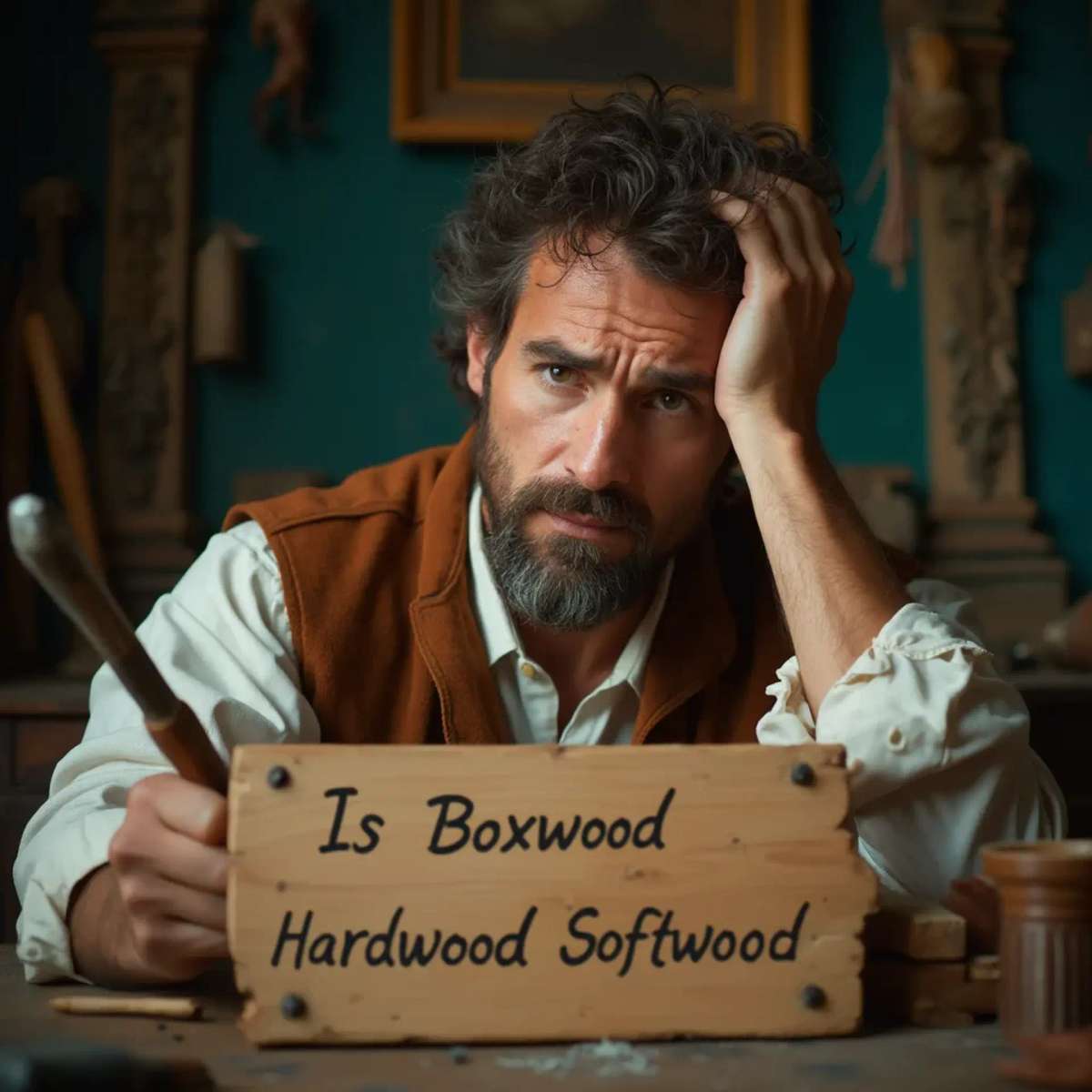 WOODCARVING LESSONS: Woodcarver Grabovetskiy, a man with a beard, holds a sign that says "What wood is the best for carving?" He looks thoughtful. Carving tools are on the table in front of him. - Wood Carving tutorials