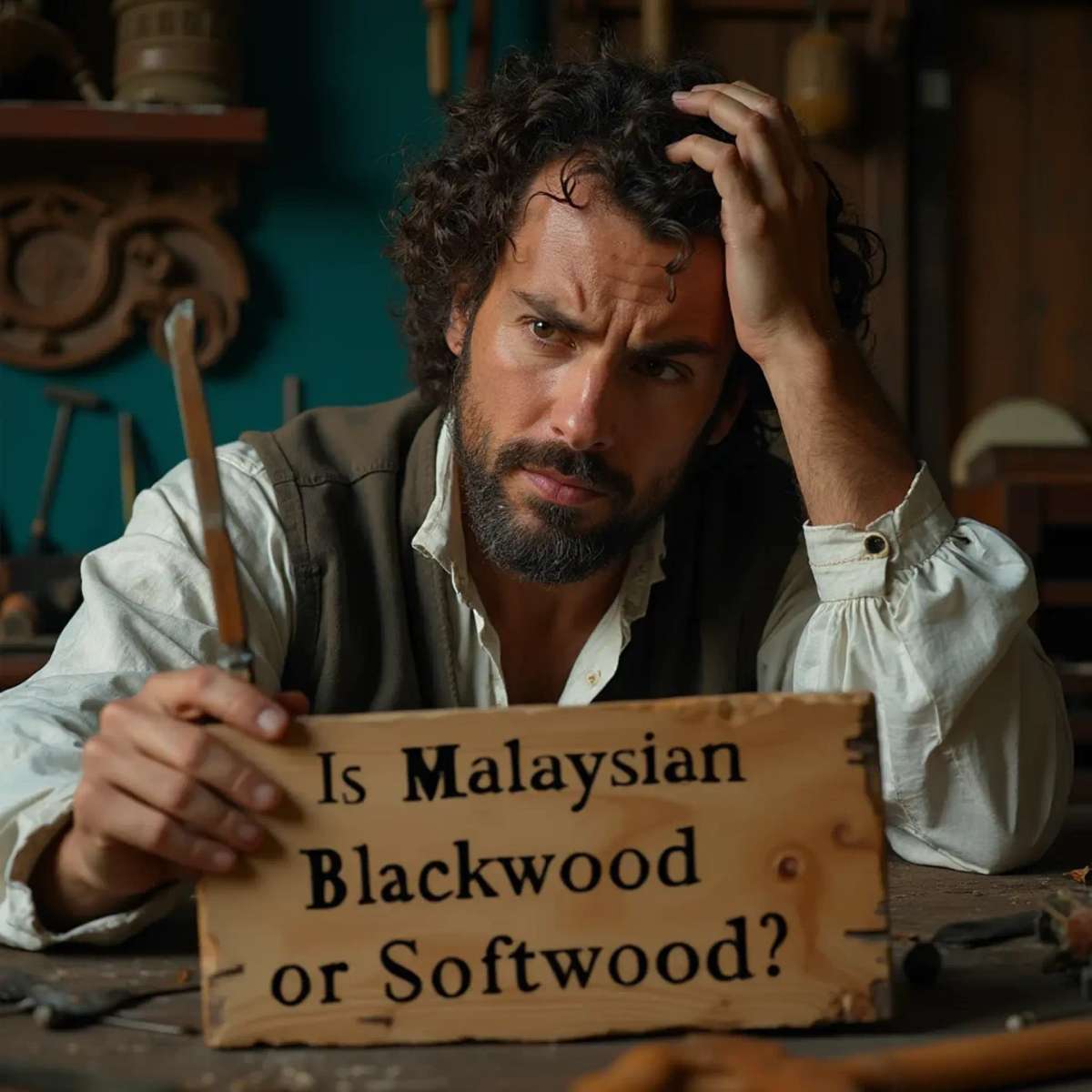 WOODCARVING LESSONS: Woodcarver Grabovetskiy, a man with a beard, holds a sign that says "What wood is the best for carving?" He looks thoughtful. Carving tools are on the table in front of him. - Wood Carving tutorials
