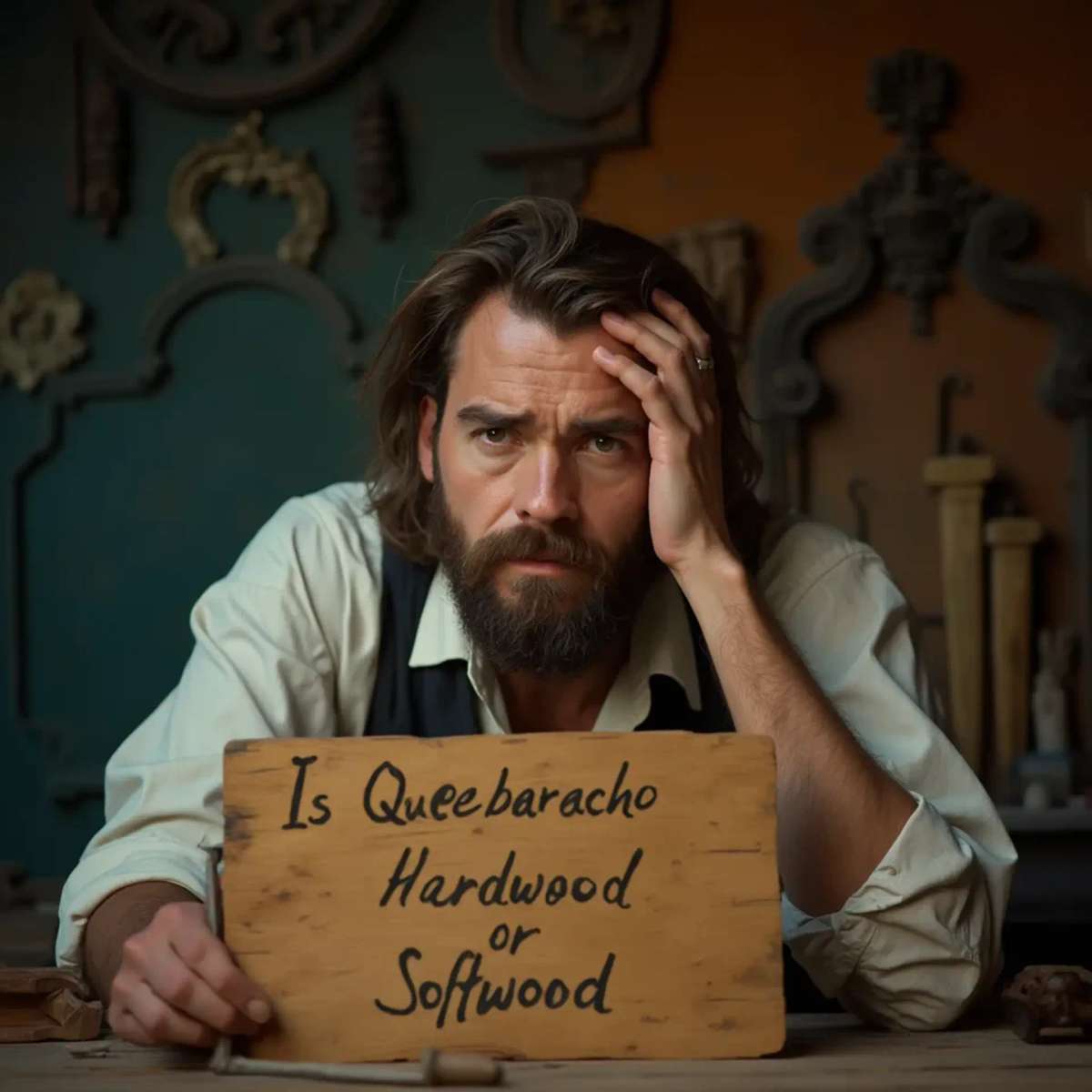 WOODCARVING LESSONS: Woodcarver Grabovetskiy, a man with a beard, holds a sign that says "What wood is the best for carving?" He looks thoughtful. Carving tools are on the table in front of him. - Wood Carving tutorials
