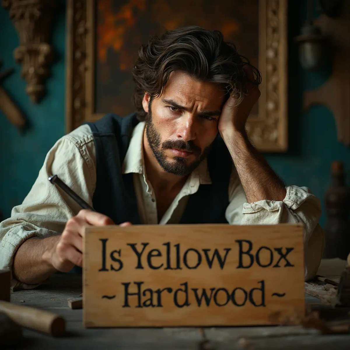 WOODCARVING LESSONS: Woodcarver Grabovetskiy, a man with a beard, holds a sign that says "What wood is the best for carving?" He looks thoughtful. Carving tools are on the table in front of him. - Wood Carving tutorials