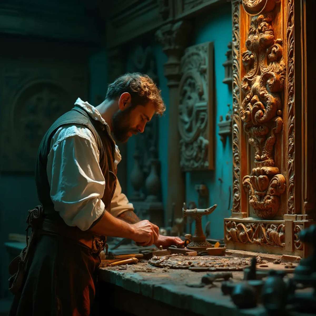 WOODCARVING LESSONS: Woodcarver Grabovetskiy, a man with a beard