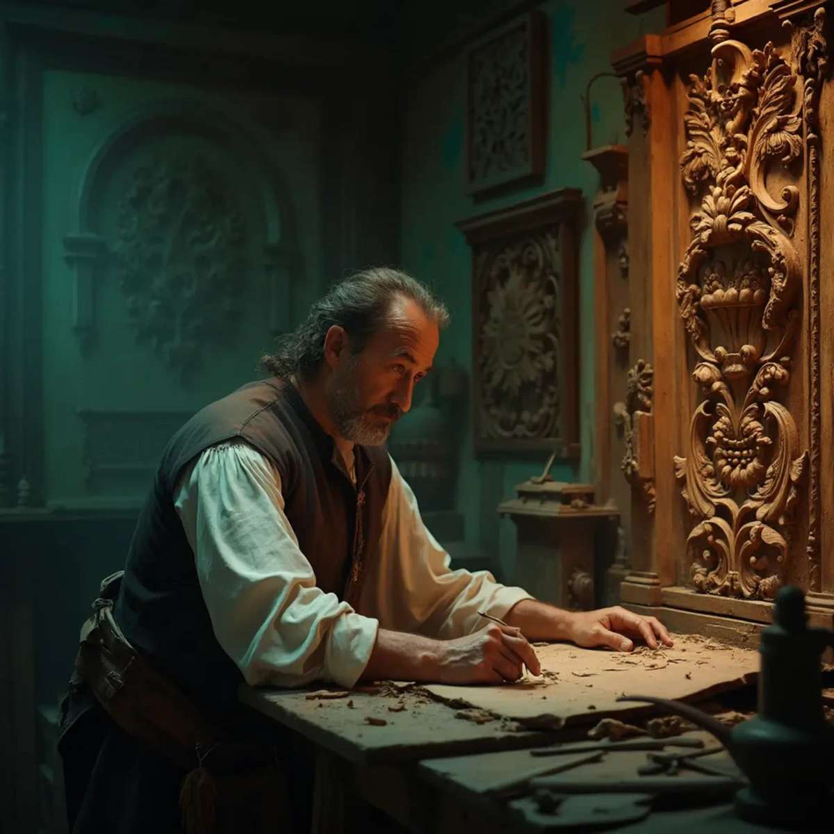 Alt text: A focused man with a beard sits at a workbench, pondering the question, "What wood is the best for carving?" surrounded by woodworking tools, emphasizing the topic of wood carving classes and lessons.