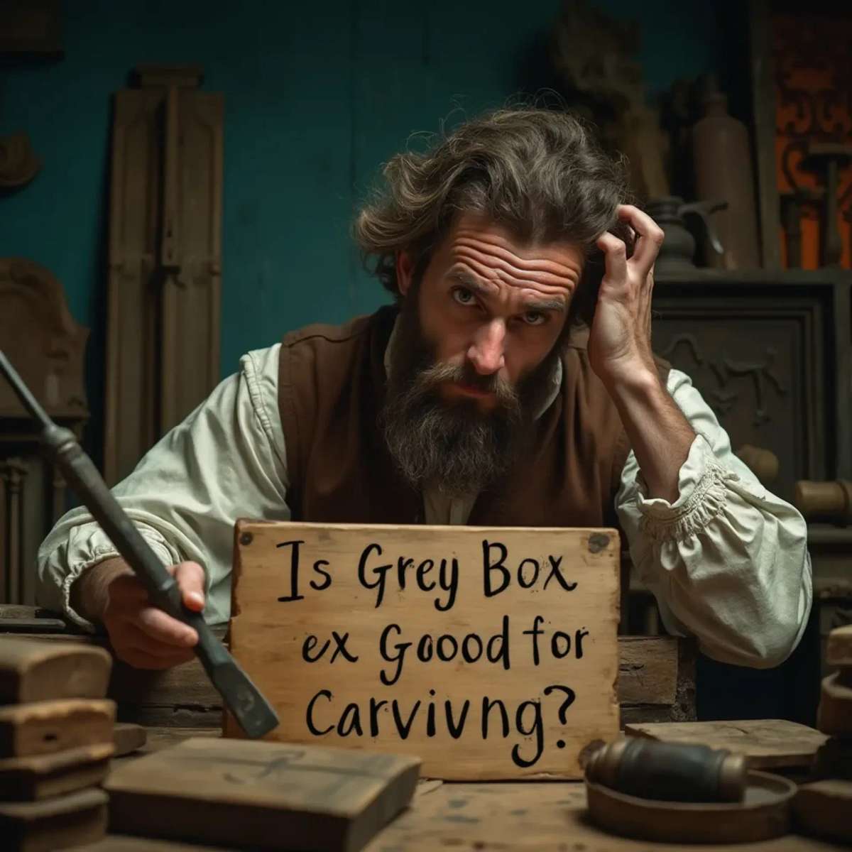 WOODCARVING LESSONS: Woodcarver Grabovetskiy, a man with a beard, holds a sign that says "What wood is the best for carving?" He looks thoughtful. Carving tools are on the table in front of him. - Wood Carving tutorials