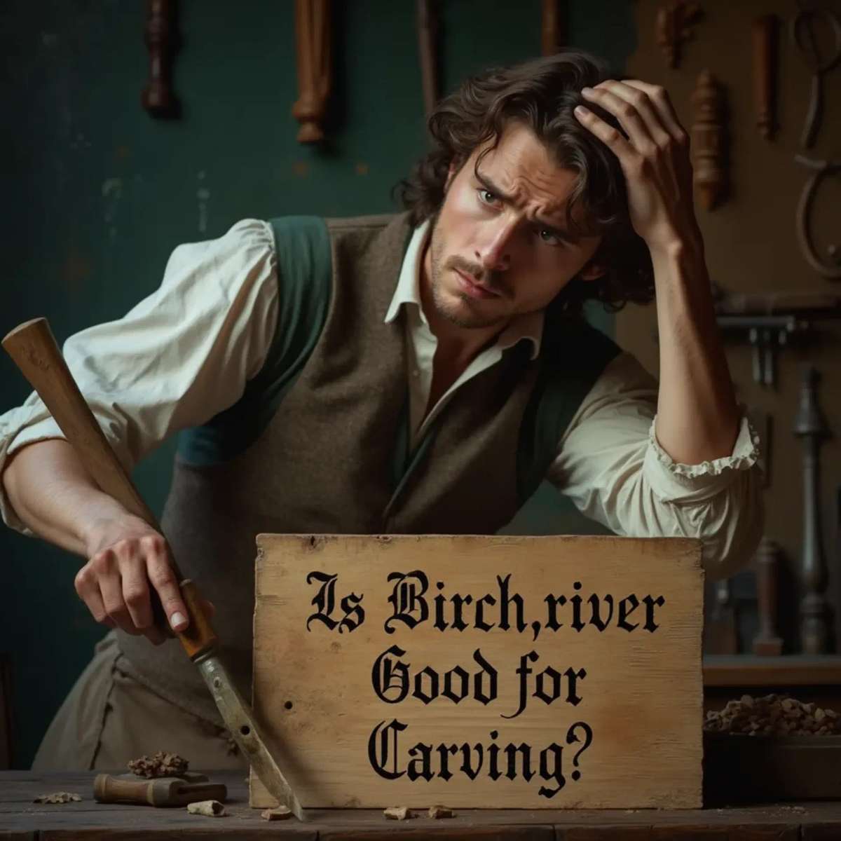 WOODCARVING LESSONS: Woodcarver Grabovetskiy, a man with a beard, holds a sign that says "What wood is the best for carving?" He looks thoughtful. Carving tools are on the table in front of him. - Wood Carving tutorials