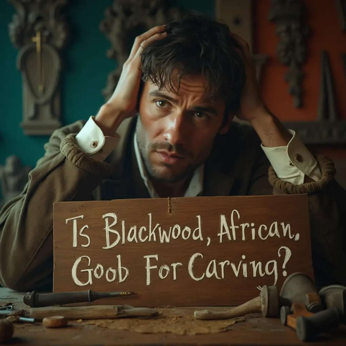 WOODCARVING LESSONS: Woodcarver Grabovetskiy, a man with a beard, holds a sign that says "What wood is the best for carving?" He looks thoughtful. Carving tools are on the table in front of him. - Wood Carving tutorials