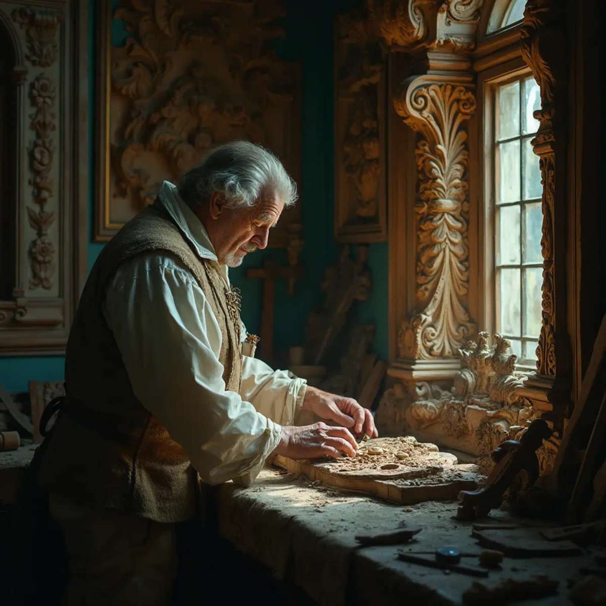 WOODCARVING LESSONS: Woodcarver Grabovetskiy, a man with a beard, holds a sign that says "What wood is the best for carving?" He looks thoughtful. Carving tools are on the table in front of him. - Wood Carving tutorials