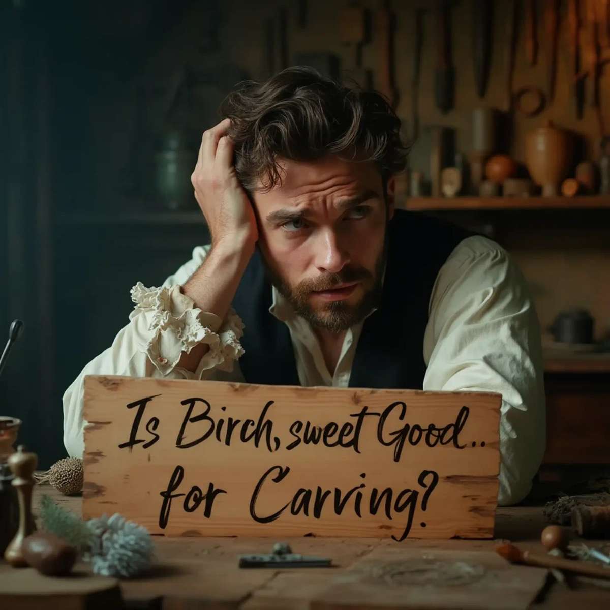 WOODCARVING LESSONS: Woodcarver Grabovetskiy, a man with a beard, holds a sign that says "What wood is the best for carving?" He looks thoughtful. Carving tools are on the table in front of him. - Wood Carving tutorials