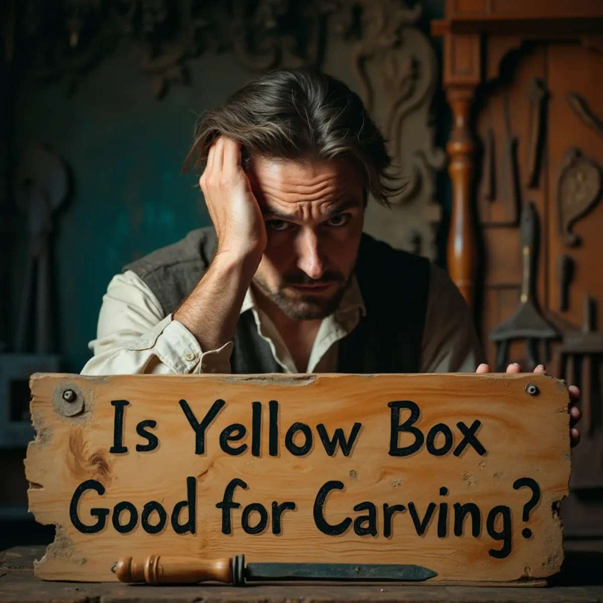 WOODCARVING LESSONS: Woodcarver Grabovetskiy, a man with a beard, holds a sign that says "What wood is the best for carving?" He looks thoughtful. Carving tools are on the table in front of him. - Wood Carving tutorials
