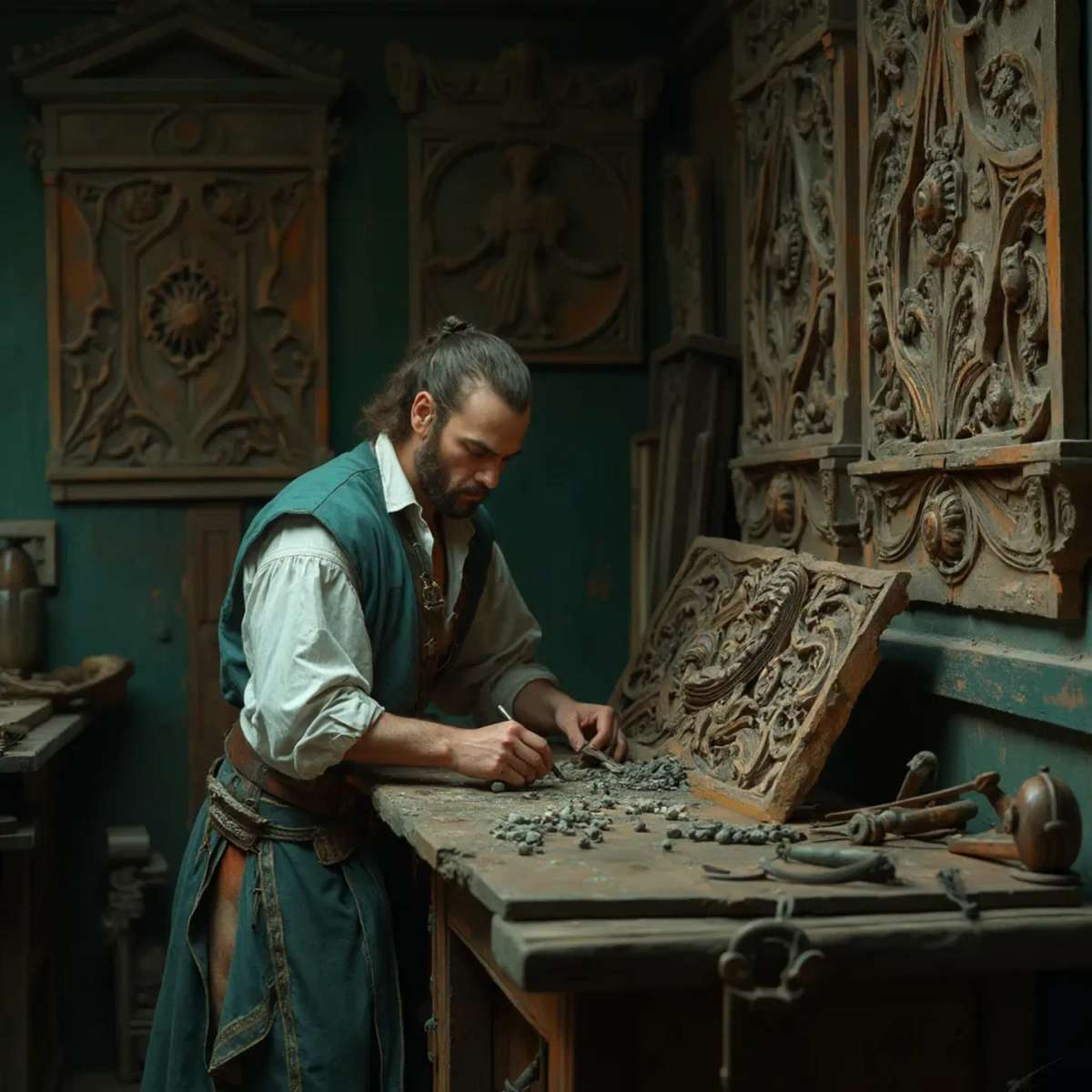 WOODCARVING LESSONS: Woodcarver Grabovetskiy, a man with a beard, holds a sign that says "What wood is the best for carving?" He looks thoughtful. Carving tools are on the table in front of him. - Wood Carving tutorials
