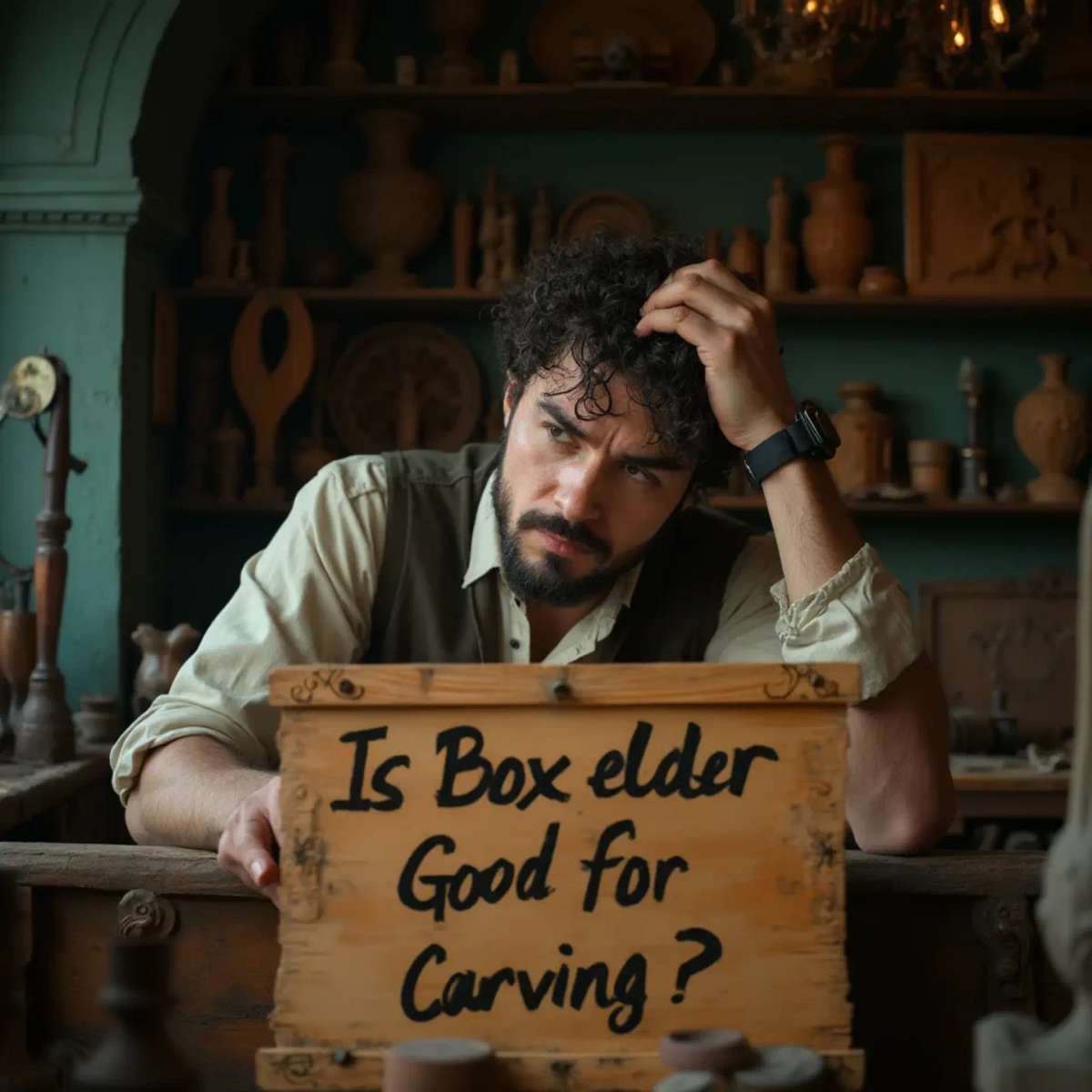 WOODCARVING LESSONS: Woodcarver Grabovetskiy, a man with a beard, holds a sign that says "What wood is the best for carving?" He looks thoughtful. Carving tools are on the table in front of him. - Wood Carving tutorials
