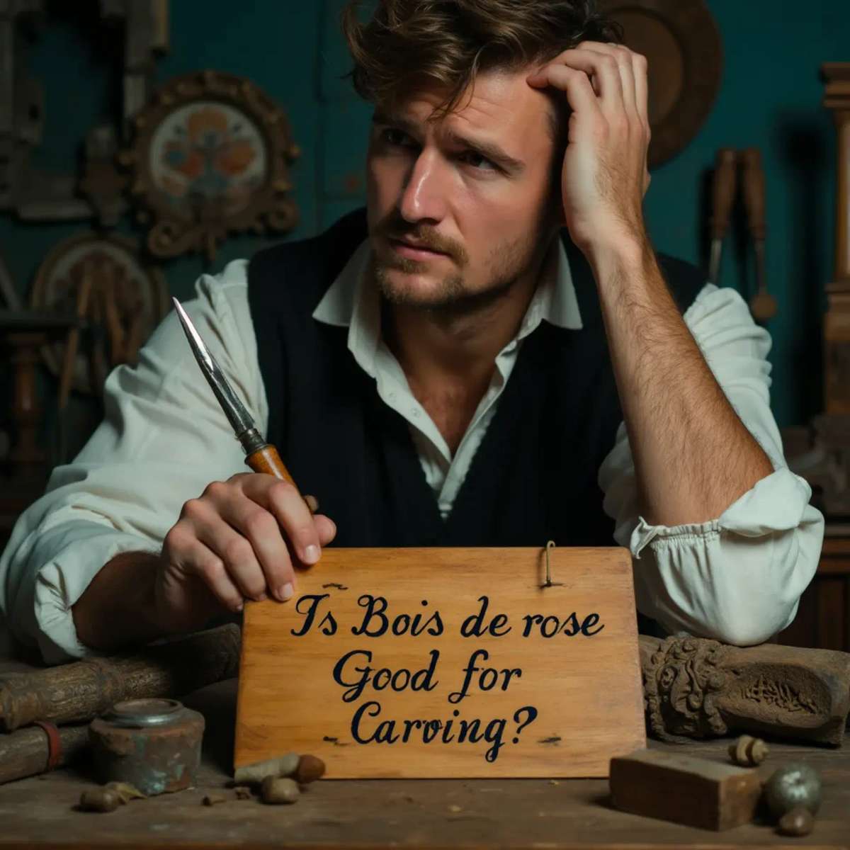 WOODCARVING LESSONS: Woodcarver Grabovetskiy, a man with a beard, holds a sign that says "What wood is the best for carving?" He looks thoughtful. Carving tools are on the table in front of him. - Wood Carving tutorials