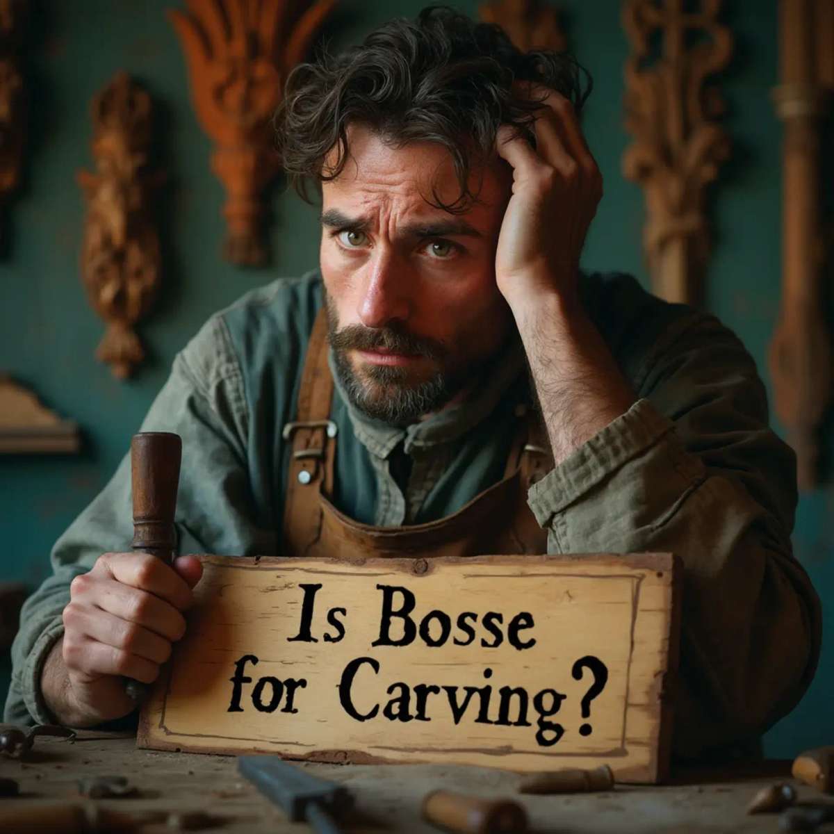 WOODCARVING LESSONS: Woodcarver Grabovetskiy, a man with a beard, holds a sign that says "What wood is the best for carving?" He looks thoughtful. Carving tools are on the table in front of him. - Wood Carving tutorials