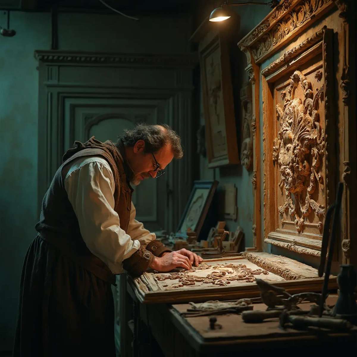 WOODCARVING LESSONS: Woodcarver Grabovetskiy, a man with a beard, holds a sign that says "What wood is the best for carving?" He looks thoughtful. Carving tools are on the table in front of him. - Wood Carving tutorials