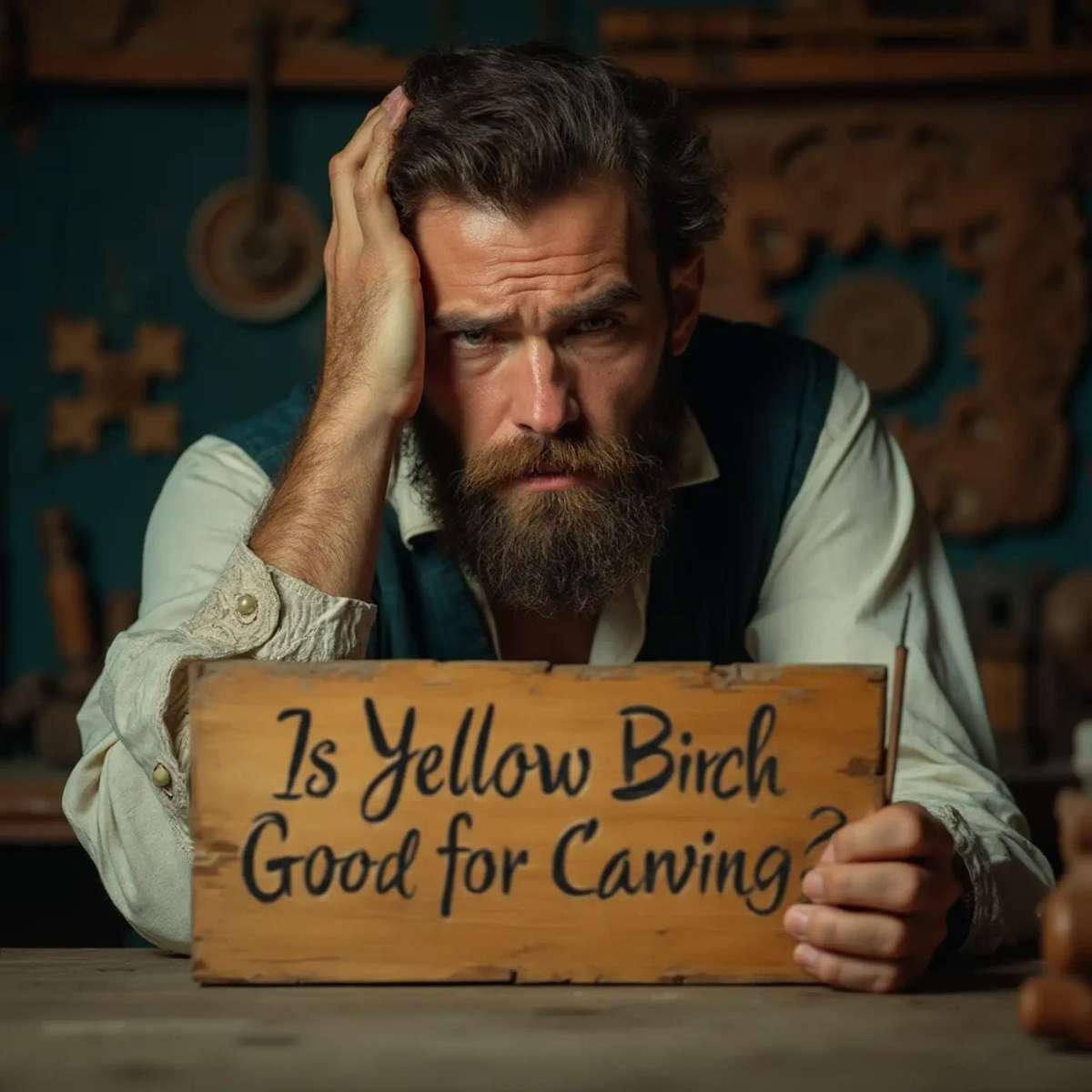 WOODCARVING LESSONS: Woodcarver Grabovetskiy, a man with a beard, holds a sign that says "What wood is the best for carving?" He looks thoughtful. Carving tools are on the table in front of him. - Wood Carving tutorials