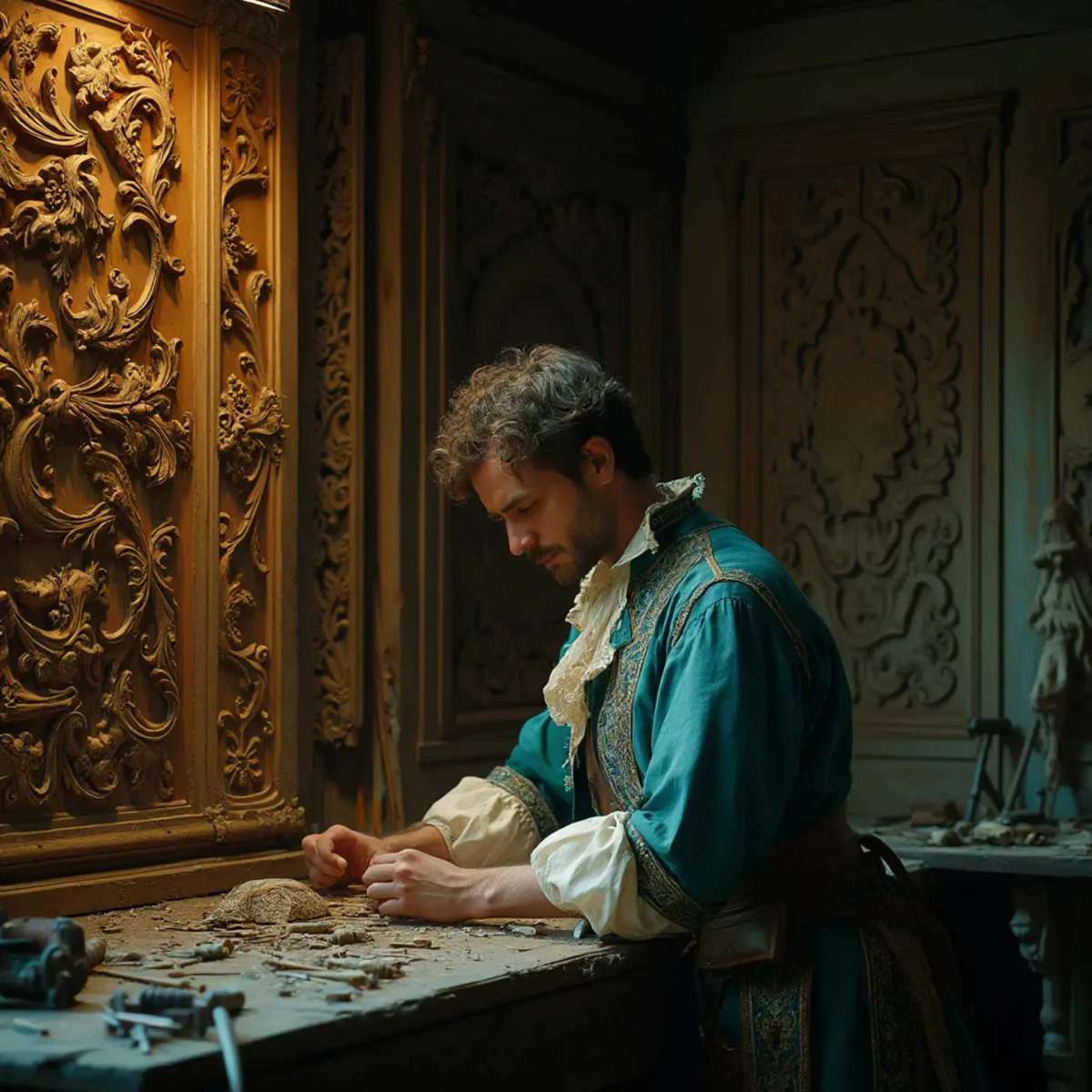 Alt text: A focused man with a beard sits at a workbench, pondering the question, "What wood is the best for carving?" surrounded by woodworking tools, emphasizing the topic of wood carving classes and lessons.