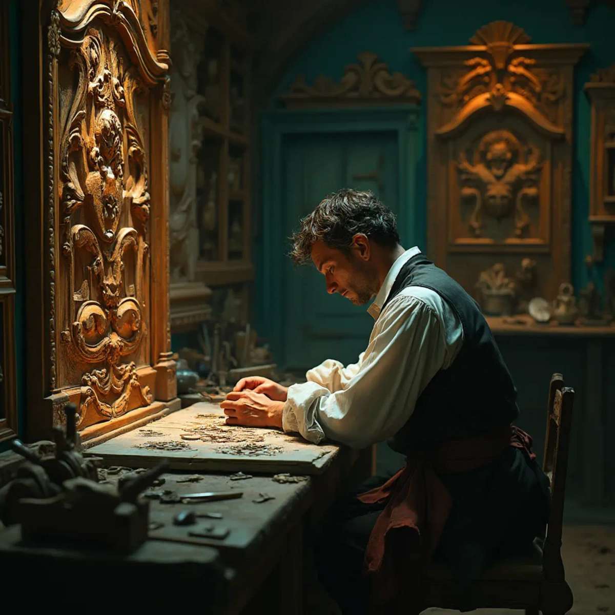 A thoughtful woodworker sitting at a workbench, pondering the best type of wood for carving. He holds a carving tool in one hand, with a sign in front of him that reads, "What wood is the best for carving?" This scene hints at the importance of choosing the right materials in wood carving classes and lessons.