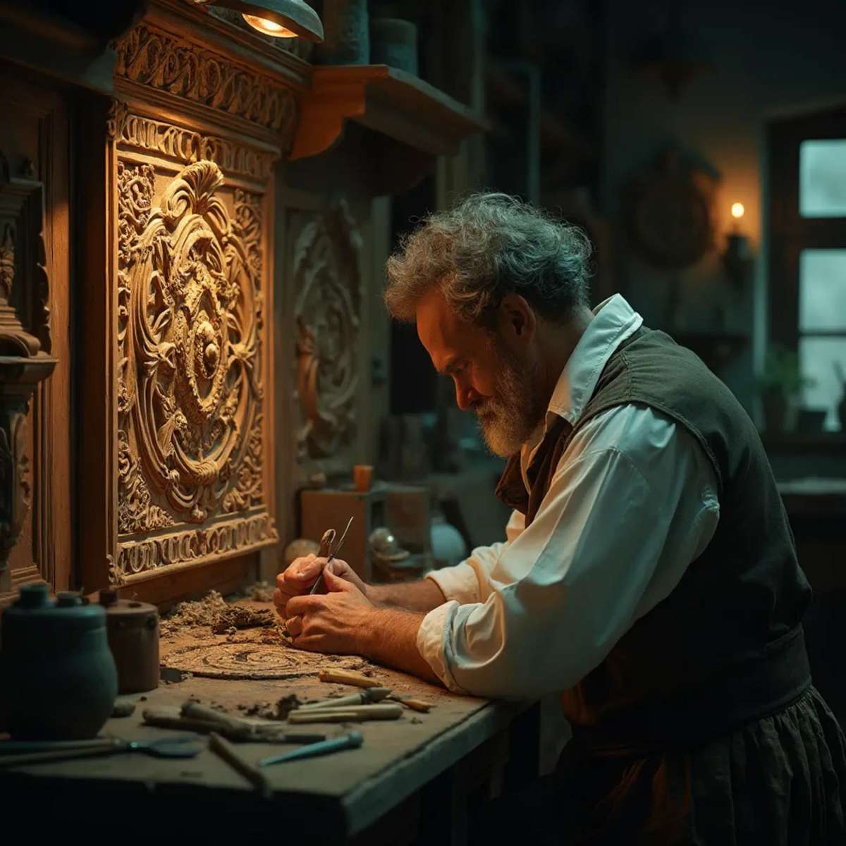 WOODCARVING LESSONS: Woodcarver Grabovetskiy, a man with a beard