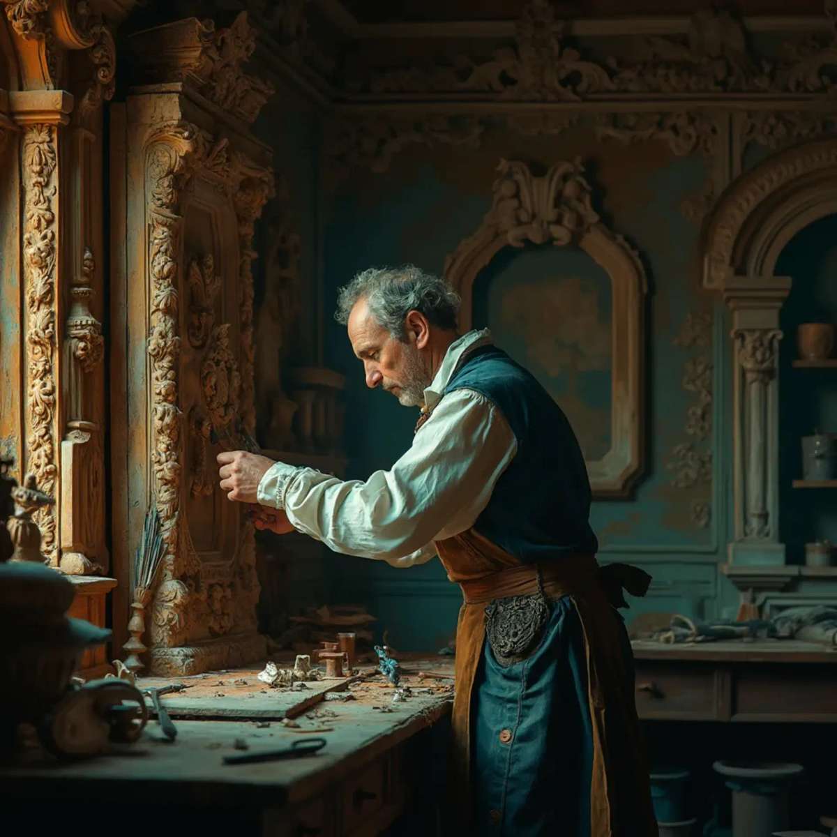 WOODCARVING LESSONS: Woodcarver Grabovetskiy, a man with a beard, holds a sign that says "What wood is the best for carving?" He looks thoughtful. Carving tools are on the table in front of him. - Wood Carving tutorials