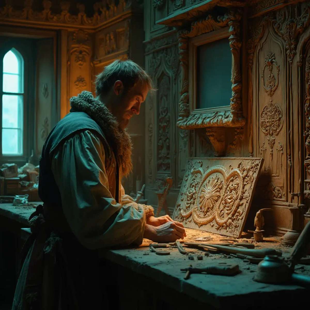 WOODCARVING LESSONS: Woodcarver Grabovetskiy, a man with a beard, holds a sign that says "What wood is the best for carving?" He looks thoughtful. Carving tools are on the table in front of him. - Wood Carving tutorials