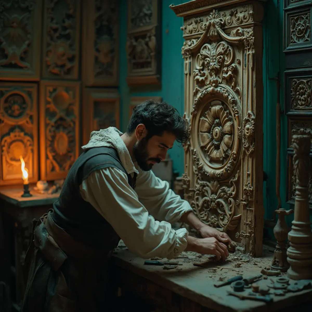 A thoughtful woodworker sitting at a workbench, pondering the best type of wood for carving. He holds a carving tool in one hand, with a sign in front of him that reads, "What wood is the best for carving?" This scene hints at the importance of choosing the right materials in wood carving classes and lessons.