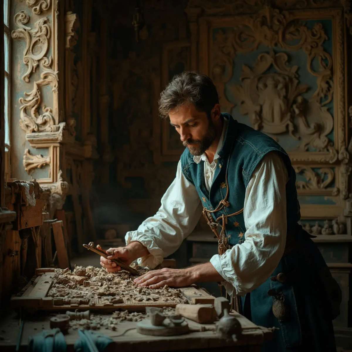 WOODCARVING LESSONS: Woodcarver Grabovetskiy, a man with a beard, holds a sign that says "What wood is the best for carving?" He looks thoughtful. Carving tools are on the table in front of him. - Wood Carving tutorials