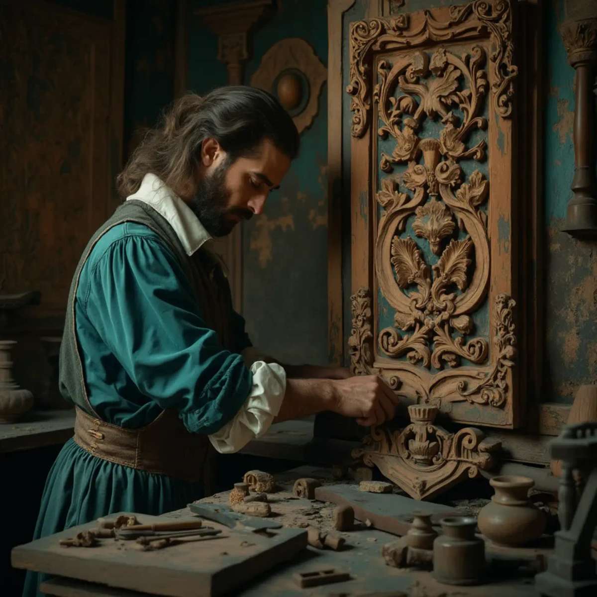 Alt text: A focused man with a beard sits at a workbench, pondering the question, "What wood is the best for carving?" surrounded by woodworking tools, emphasizing the topic of wood carving classes and lessons.