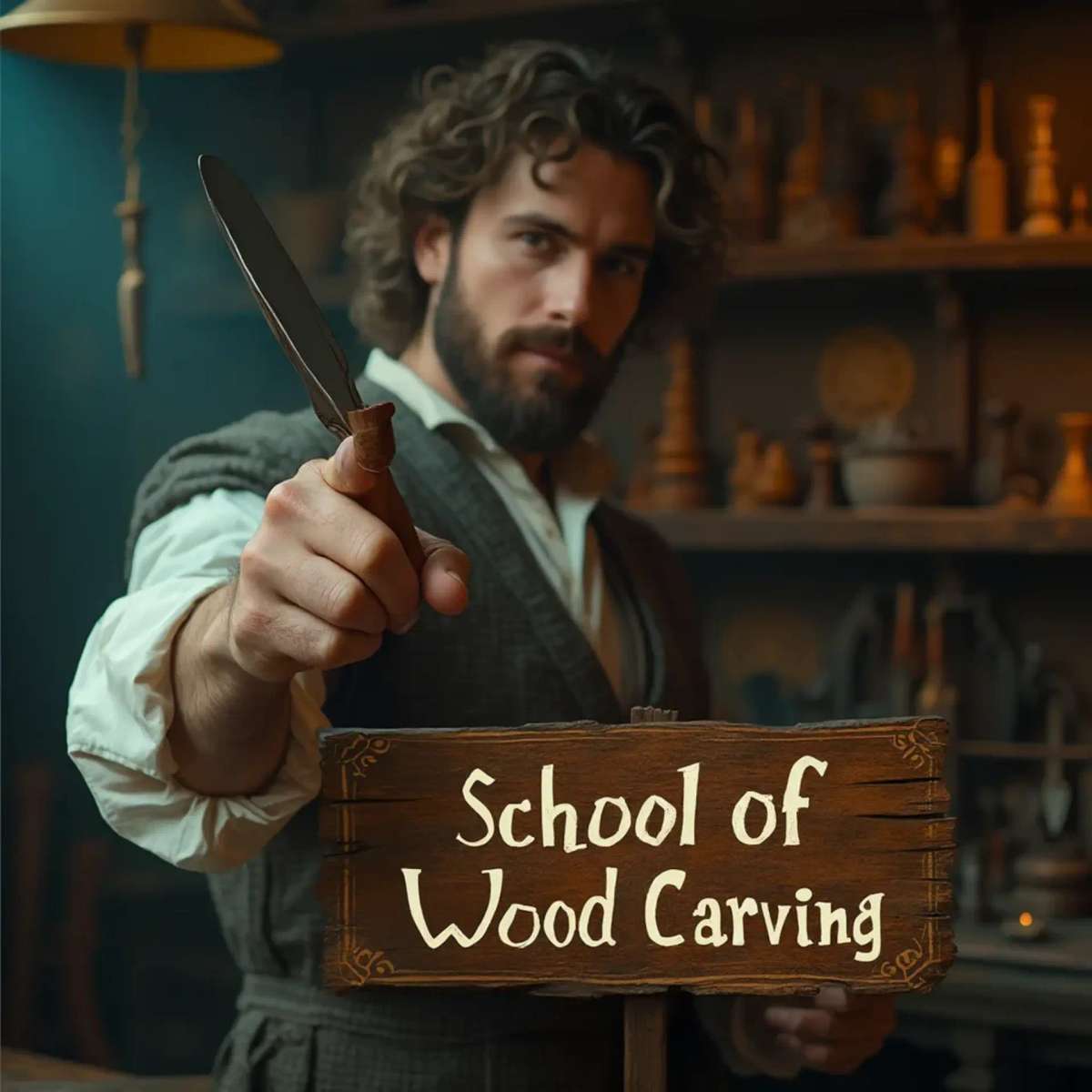 WOODCARVING LESSONS: Woodcarver Grabovetskiy, an elderly man with a gray beard, holds a carving tool and a sign that asks, "What is the best wood for carving? - Wood Carving tutorials