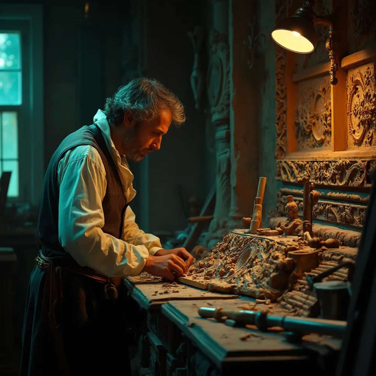 WOODCARVING LESSONS: Woodcarver Grabovetskiy, a man with a beard, holds a sign that says "What wood is the best for carving?" He looks thoughtful. Carving tools are on the table in front of him. - Wood Carving tutorials