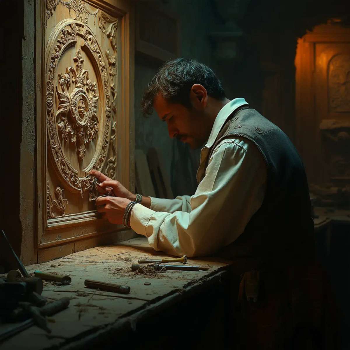 WOODCARVING LESSONS: Woodcarver Grabovetskiy, a man with a beard