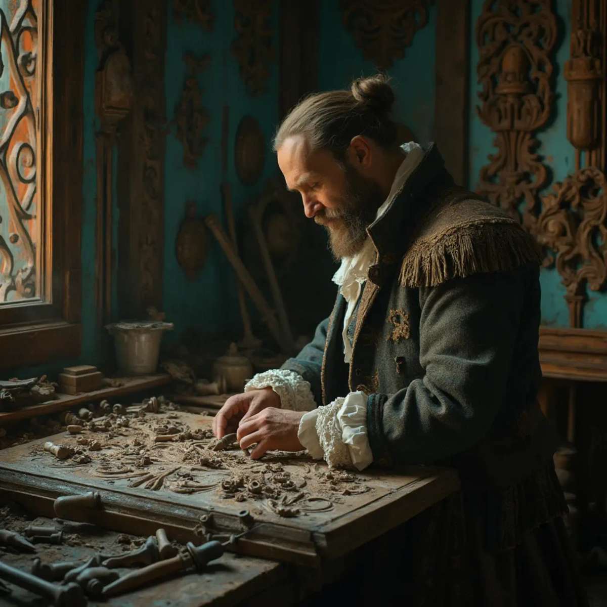 A thoughtful person gazing thoughtfully while touching a beautifully carved wooden column. The intricate carvings depict scenes of historical significance, showcasing the skills involved in wood carving. This image highlights the artistry found in wood carving classes and lessons.