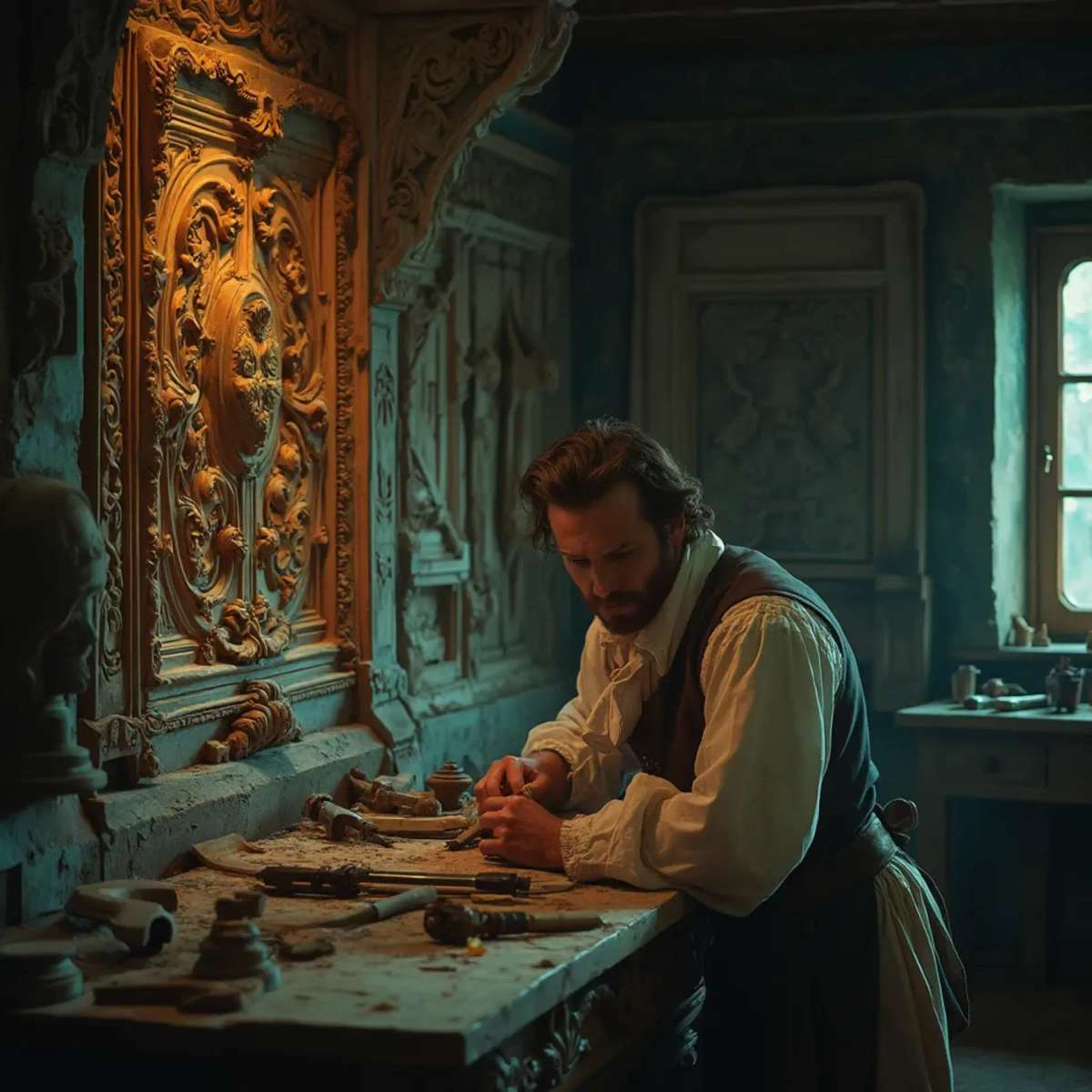 WOODCARVING LESSONS: Woodcarver Grabovetskiy, a man with a beard