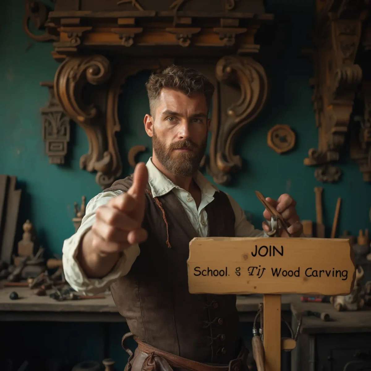 WOODCARVING LESSONS: Woodcarver Grabovetskiy, an elderly man with a gray beard, holds a carving tool and a sign that asks, "What is the best wood for carving? - Wood Carving tutorials